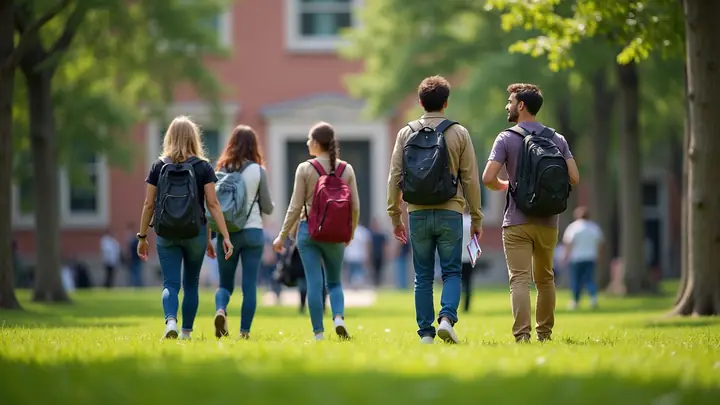 Students walking and talking across a green university campus