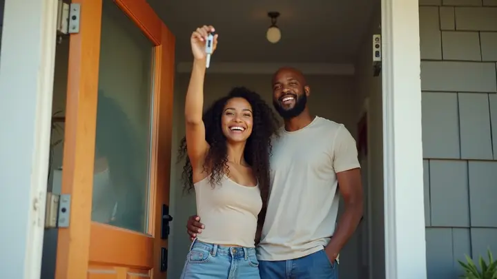 Young couple smiling at the front door of their new home, holding the keys