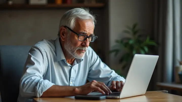 Older man looking warily at his laptop at a home desk