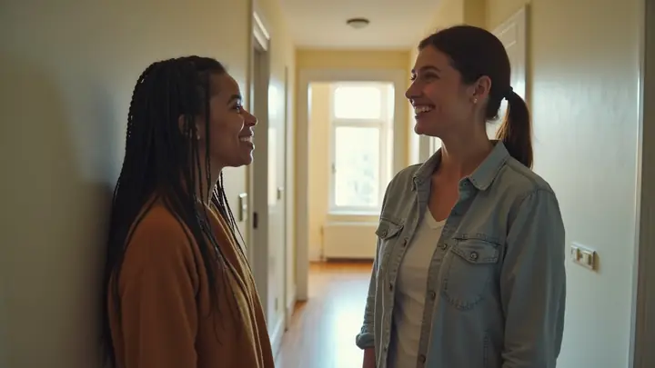 Tenant chatting with a property manager in an apartment building hallway