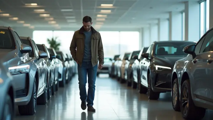 Man browsing new cars in a bright showroom