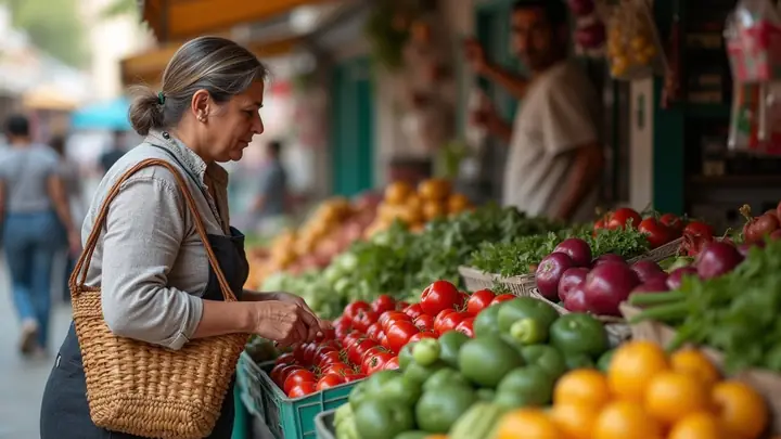 Woman choosing vegetables at a market stall with a woven basket