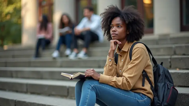 Young woman sitting on library steps with a notebook, thinking about her studies