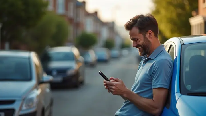 Man leaning on his parked car, checking his phone with a relieved smile