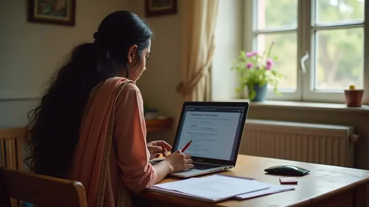 Young woman filling an online job application on her laptop at home