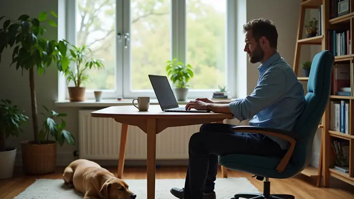 Man working from a bright home office while his dog sleeps nearby