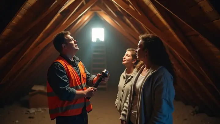 Home inspector shining a flashlight at attic roof beams while a young couple watches