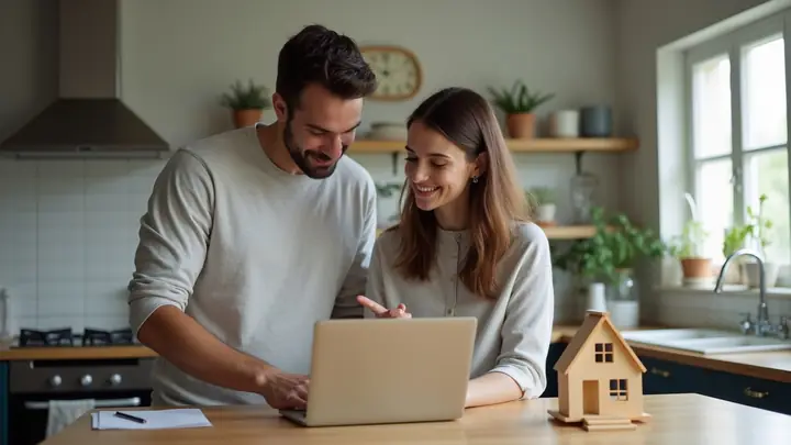 Couple at a kitchen island discussing home loan options on a laptop