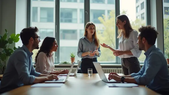 Team of four colleagues collaborating around a meeting table in a modern office